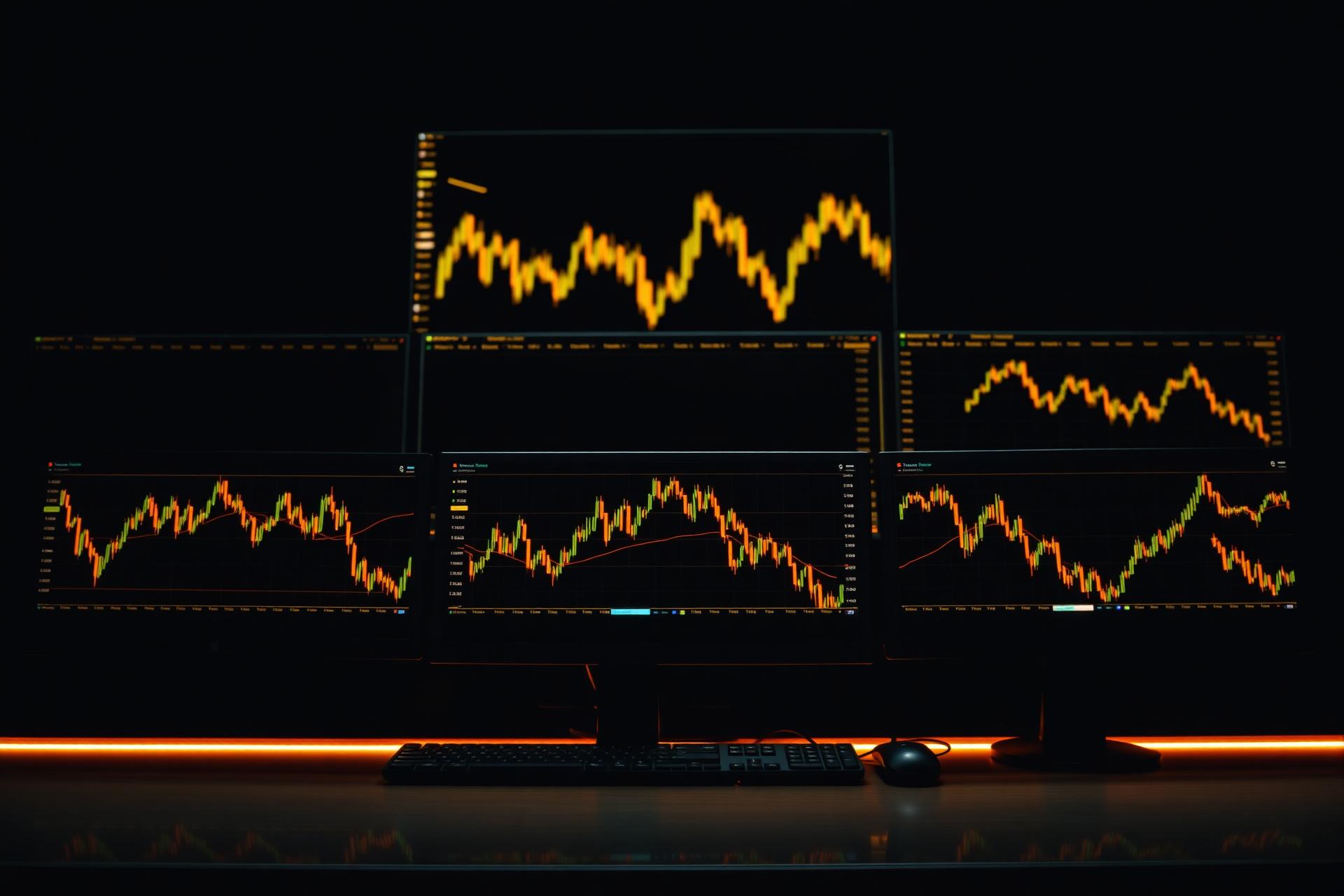 Premium forex trading desk with gold candlestick charts